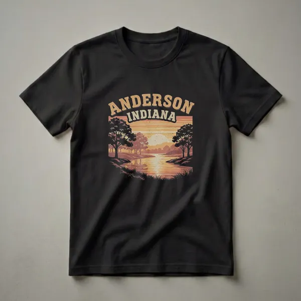 Black graphic t-shirt featuring a retro sunset scene over a river with trees and the words "ANDERSON INDIANA" at the top.