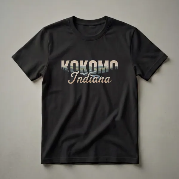 Black t-shirt featuring the words KOKOMO Indiana in a retro graphic style, with a landscape scene of hills, trees, and a winding river within the text.