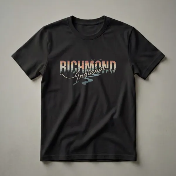 Black t-shirt with a retro graphic design featuring the words 'RICHMOND Indiana' over a landscape of mountains, trees, a river, and a sunset with birds flying.