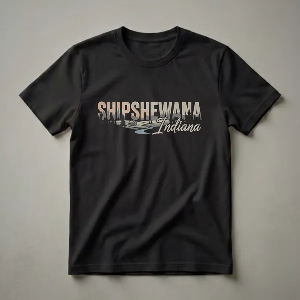 Retro graphic t-shirt featuring the words "SHIPSHEWANA Indiana" over a landscape scene with a barn, river, and pine trees.