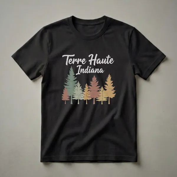 Black t-shirt with 'Terre Haute Indiana' in distressed white font above a line of multi-colored, distressed pine trees.