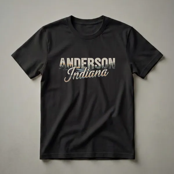 Black t-shirt with a retro graphic design featuring the words 'ANDERSON Indiana' filled with a landscape of hills, trees, and water in muted colors.