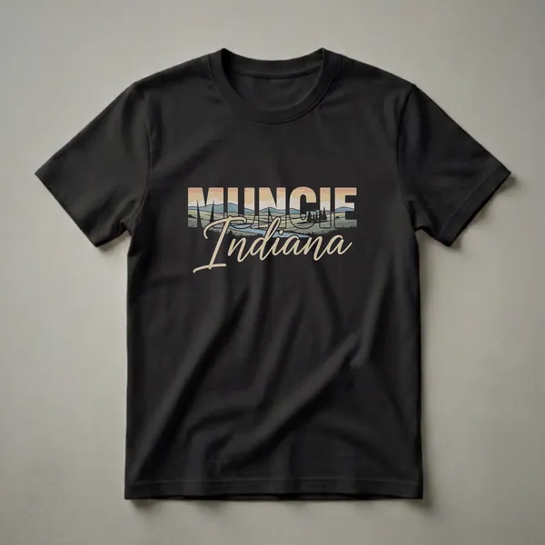 Black t-shirt featuring a retro landscape graphic with the words 'Muncie Indiana' in vintage colors, depicting rolling hills, a river, and trees.