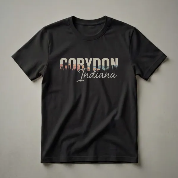 Black t-shirt with retro Corydon Indiana landscape graphic featuring distressed block letters and script font with a vintage sunset, trees, and hills.
