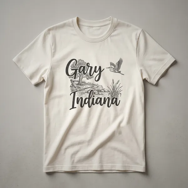 Black line art sketch on a t-shirt depicting the words 'Gary Indiana' with a natural landscape including a tree, stream, reeds, and a flying bird.