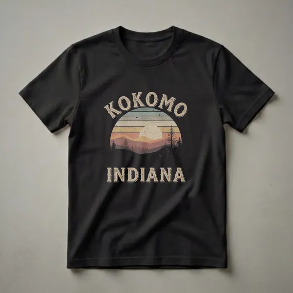 Black t-shirt with a retro sunset landscape design featuring the words Kokomo Indiana in vintage lettering.