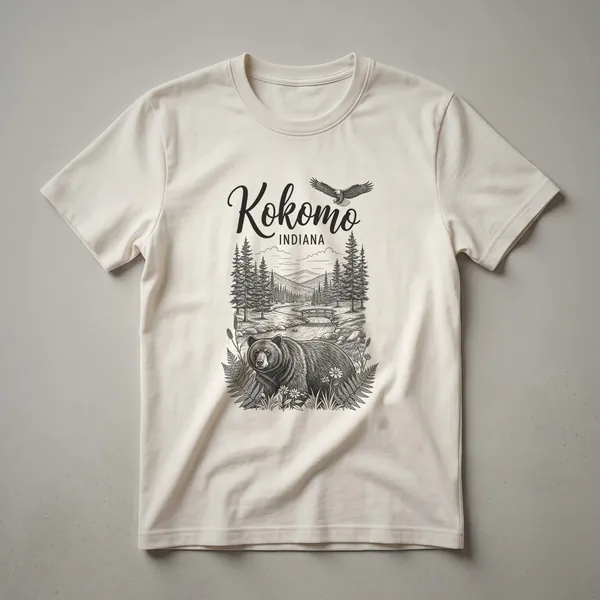 Black graphic t-shirt featuring a sketch art design of Kokomo, Indiana with a bear, eagle, river, bridge, and trees.