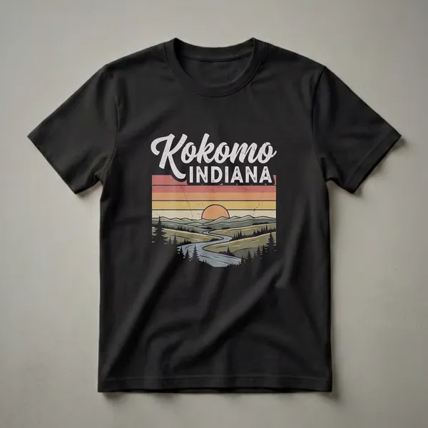Black t-shirt featuring a retro graphic of Kokomo, Indiana with a sunset landscape, winding river, rolling hills, and pine trees.