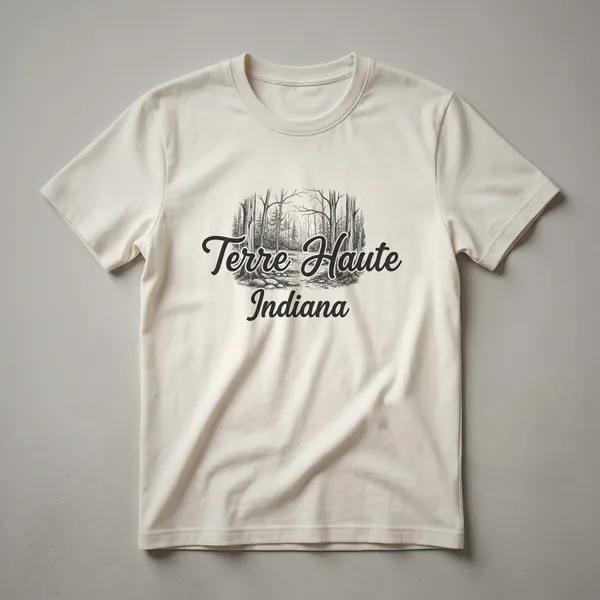 Black graphic t-shirt featuring a sketch of trees and the words 'Terre Haute Indiana' in stylized fonts.