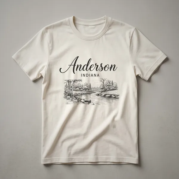 Black t-shirt with a sketch art design of a river flowing through a wooded landscape, featuring trees and rocks, with the words 'Anderson INDIANA' above.