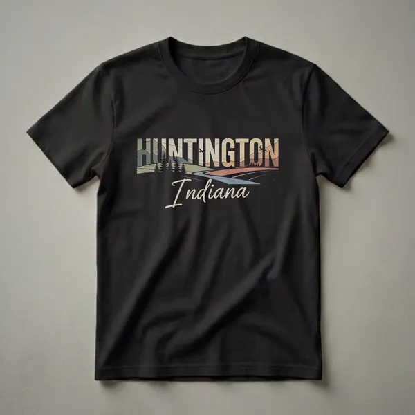 Black t-shirt with "HUNTINGTON" in large retro letters filled with a vintage landscape of hills, trees, and a river, and "Indiana" in script below.