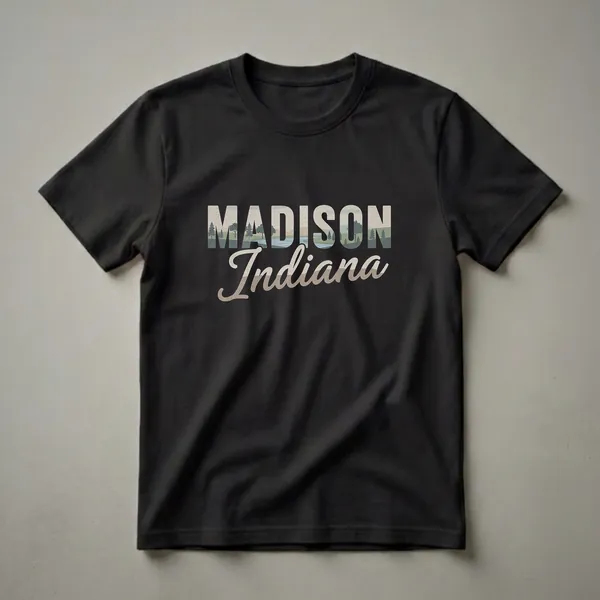 Black t-shirt with "MADISON Indiana" graphic design featuring a retro landscape with hills, trees, and a river inside the letters.