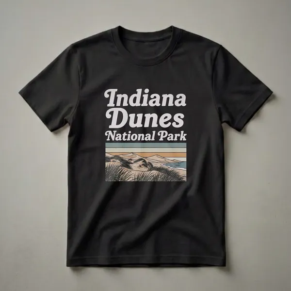 Black graphic t-shirt featuring the text 'Indiana Dunes National Park' in a retro font, with a vintage-style illustration of sand dunes, coastal grass, and a body of water below.