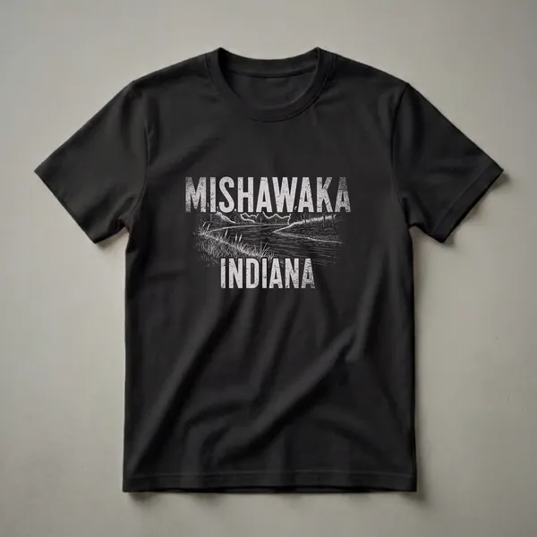 Black t-shirt with a distressed graphic of a river scene with trees and reeds, featuring the text 'MISHWAKA INDIANA' in distressed white lettering.