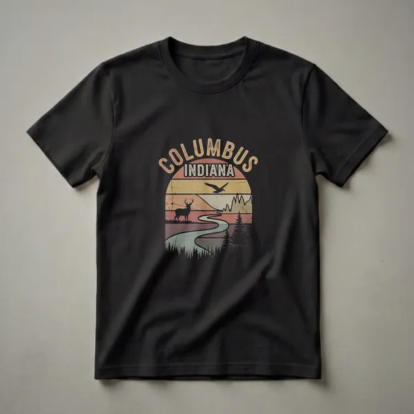 Black t-shirt with a retro graphic design featuring 'COLUMBUS INDIANA' text above a landscape scene with a deer, winding river, mountains, and a soaring eagle, all in muted, distressed colors.