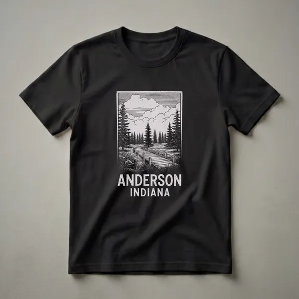 Black t-shirt with a vintage drawing of a wooden boardwalk leading through a pine forest under a cloudy sky, with 'ANDERSON INDIANA' text below.