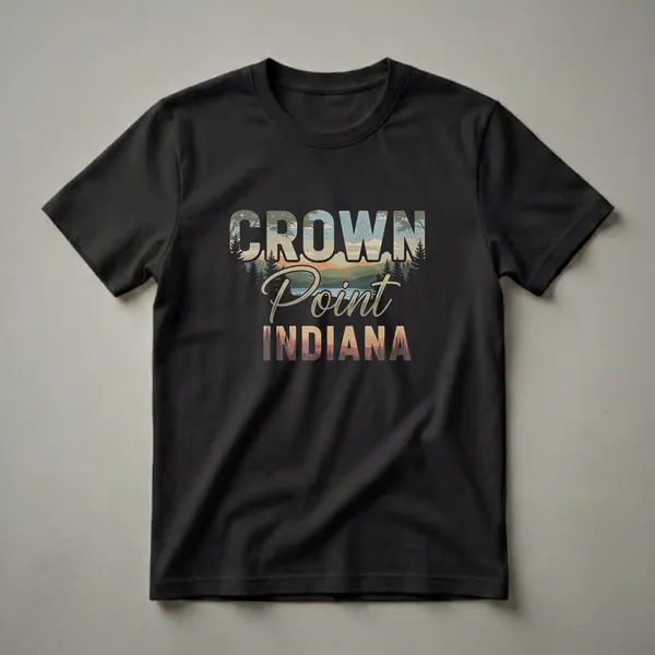 Black t-shirt with a retro graphic design that reads 'CROWN POINT INDIANA' filled with a vintage landscape of trees, a lake, and mountains.