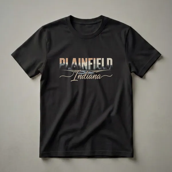 Black t-shirt featuring the words PLAINFIELD Indiana in a retro landscape design with pine trees and rolling hills.