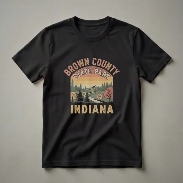 Black t-shirt featuring a retro graphic of Brown County State Park, Indiana, with rolling hills, trees, a cabin, a deer, and a striped sunset.