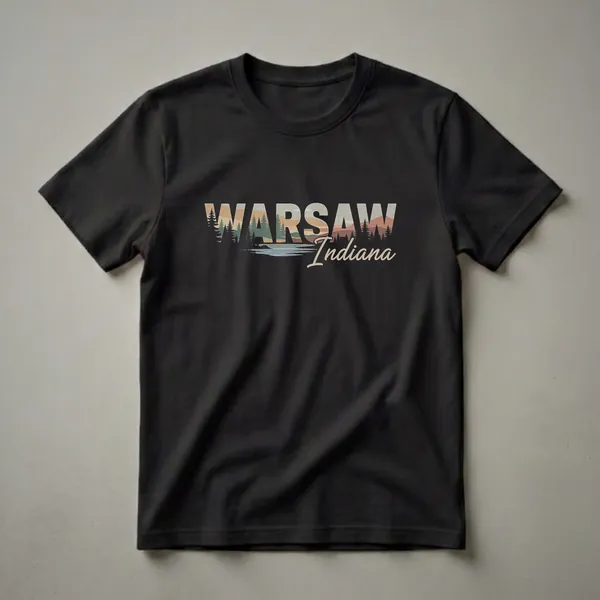 Black t-shirt featuring the words "WARSAW Indiana" in a retro font, with a stylized landscape of trees, mountains, and water filling the letters.