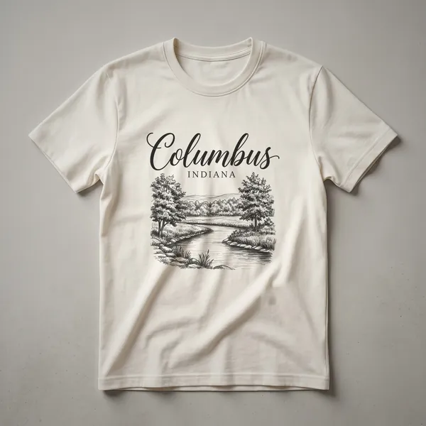 Black sketch art t-shirt design featuring the word Columbus in script font above Indiana in serif font, with a landscape of trees, a river, and hills.