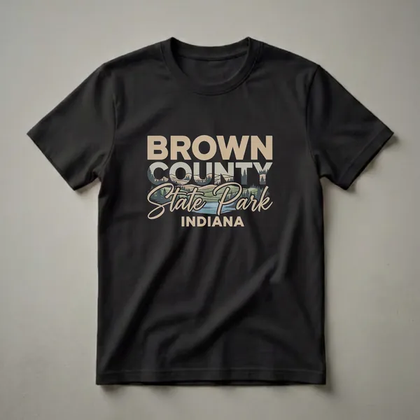 Black t-shirt with a retro graphic design for Brown County State Park, Indiana, featuring textured text and a stylized landscape of hills, a lake, and pine trees.