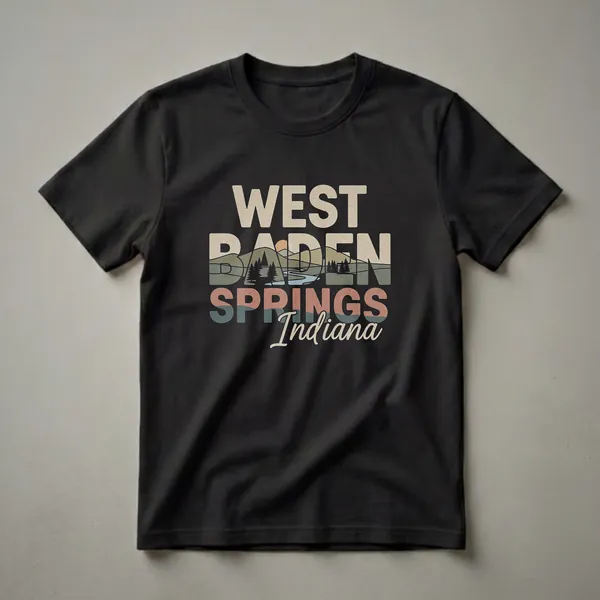 Black t-shirt with retro graphic art for West Baden Springs, Indiana, featuring distressed text and a landscape scene with mountains, trees, and a river.