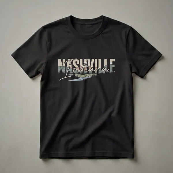 Black t-shirt featuring a retro graphic with the words "NASHVILLE Indiana" over a stylized landscape of rolling hills, a river, and pine trees in muted vintage colors.