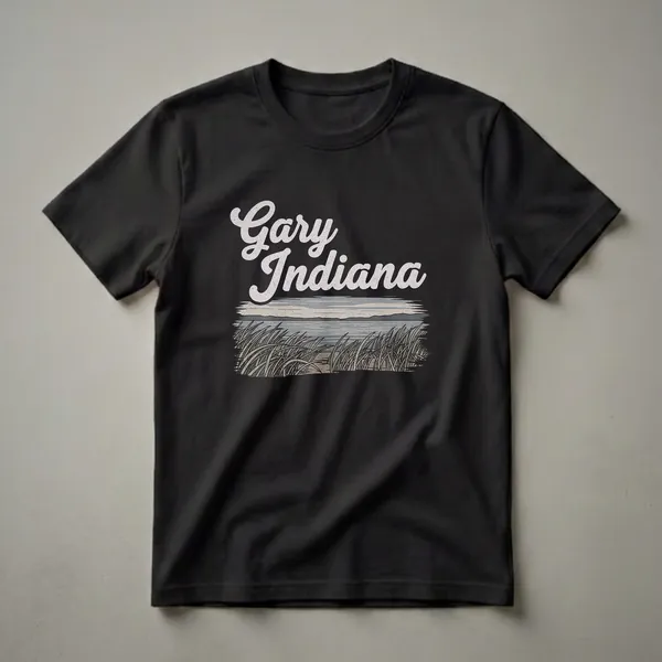 Black graphic t-shirt featuring the words 'Gary Indiana' in a retro font above a stylized landscape of tall grass, a sandy beach, and the waters of Lake Michigan.