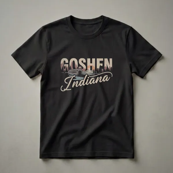 Black graphic t-shirt featuring the word GOSHEN in large retro font above a landscape scene with a covered bridge, river, pine trees, and mountains at sunset.