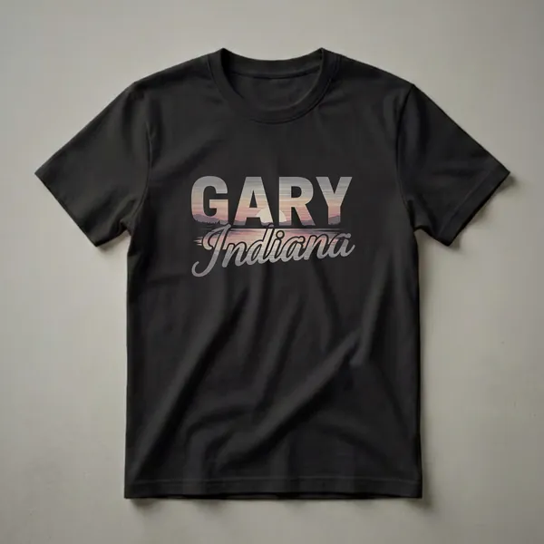 Black t-shirt with 'GARY' in large block letters filled with a retro sunset landscape, and 'Indiana' in a script font below, also filled with the sunset design.