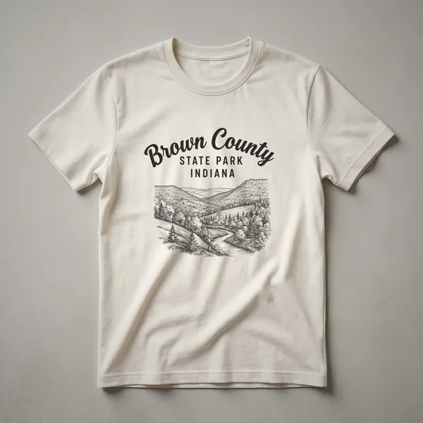 Black graphic t-shirt featuring a sketch of Brown County State Park, Indiana, with rolling hills, a winding road, and trees.