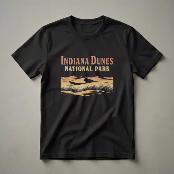 Black t-shirt featuring a retro graphic design of Indiana Dunes National Park with sand dunes, grass, and a sunset color palette.