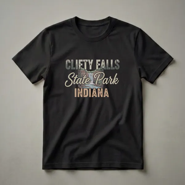 Black t-shirt featuring a retro graphic design of Clifty Falls State Park in Indiana, with text and a waterfall illustration.