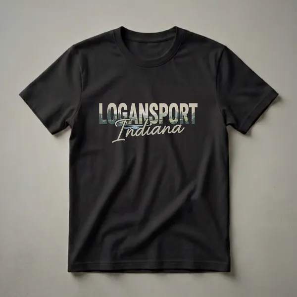 Black t-shirt with white distressed text 'LOGANSPORT' filled with a landscape of trees and hills, and 'Indiana' in script below.