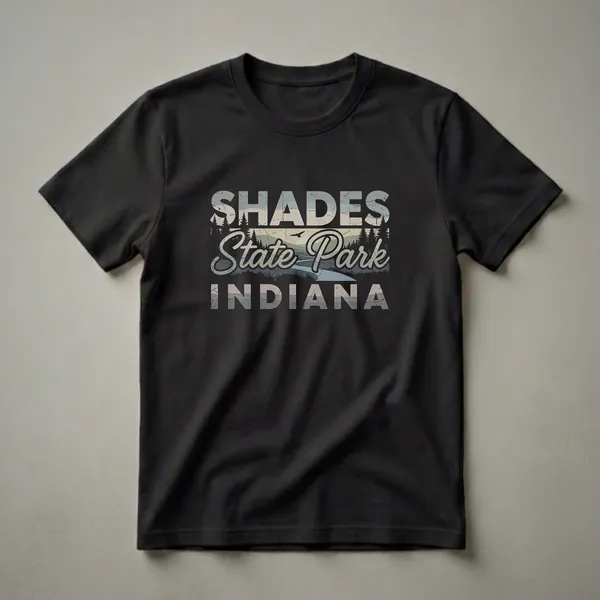 Black t-shirt featuring a retro graphic design for Shades State Park, Indiana, with a landscape scene of hills, trees, and a river.