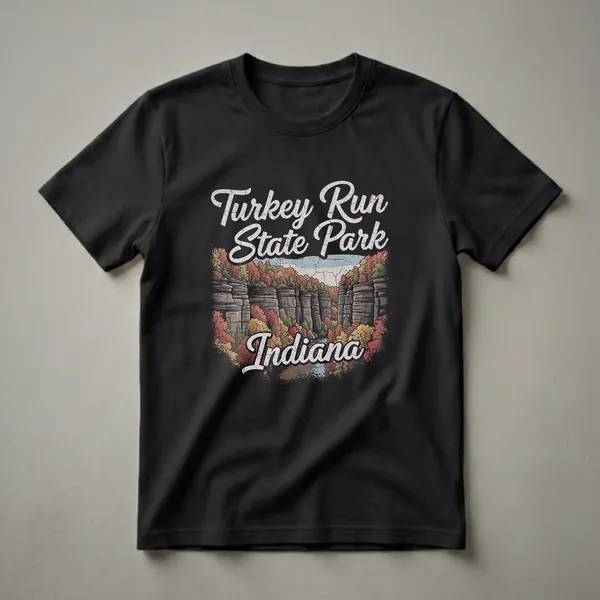 Black graphic t-shirt featuring a retro illustration of Turkey Run State Park in Indiana during autumn, with cliffs, trees in fall colors, and a river.