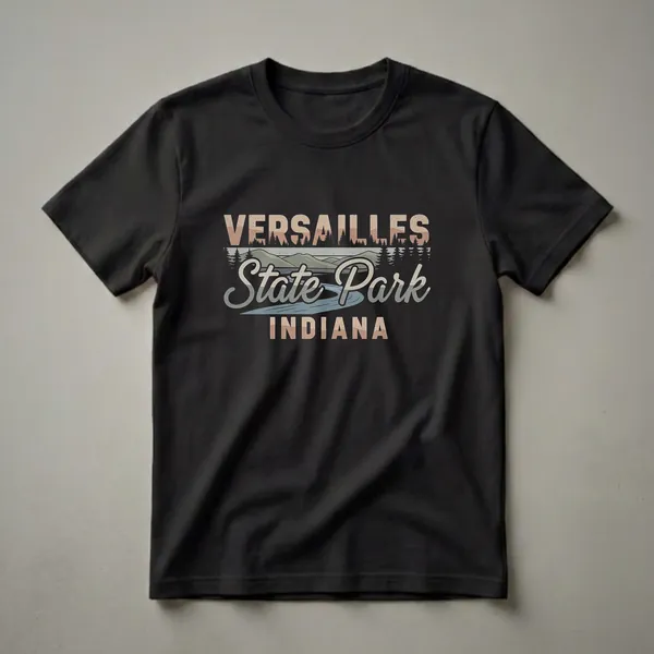 Black t-shirt with a retro graphic design for Versailles State Park, Indiana, featuring text and a landscape of hills, a river, and pine trees.