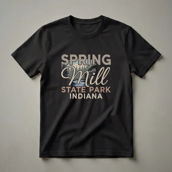 Black t-shirt featuring a retro graphic design with the words 'SPRING MILL STATE PARK INDIANA' and an illustration of a water mill, pine trees, and water.