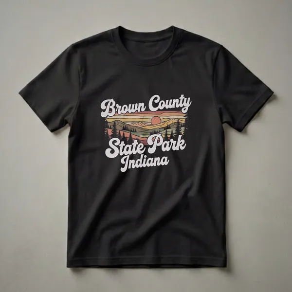 Black t-shirt with a retro graphic design featuring the words "Brown County State Park Indiana" over a layered sunset landscape with mountains and pine trees.