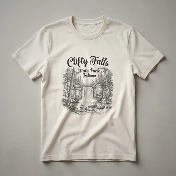Black and white sketch art t-shirt featuring Clifty Falls State Park in Indiana, with a waterfall, rocky cliffs, trees, and the park's name in script font.