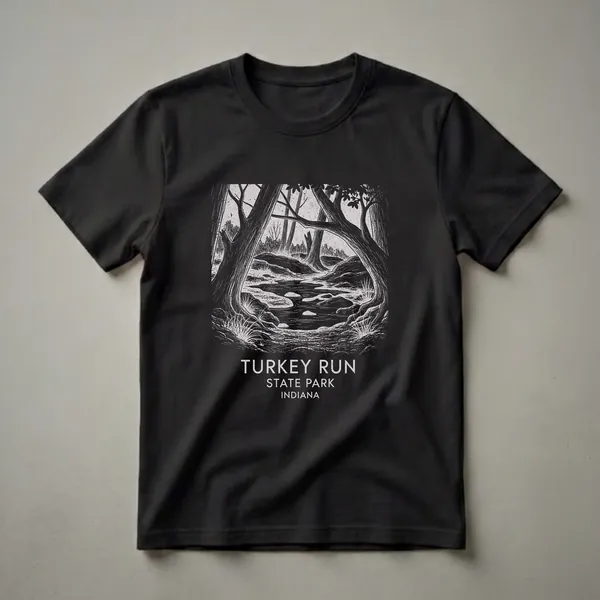 Black graphic t-shirt featuring a vintage linocut illustration of Turkey Run State Park, Indiana, with trees and a creek.
