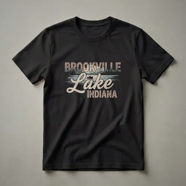 Black t-shirt featuring retro graphic art with 'Brookville Lake Indiana' text, a lake scene with a boat, pine trees, and a sunset.