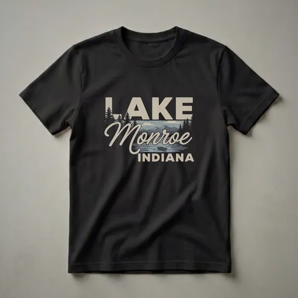 Black graphic t-shirt featuring the words LAKE MONROE INDIANA in a retro style, set against a scenic landscape of pine trees, a lake with a rowboat, and distant mountains.