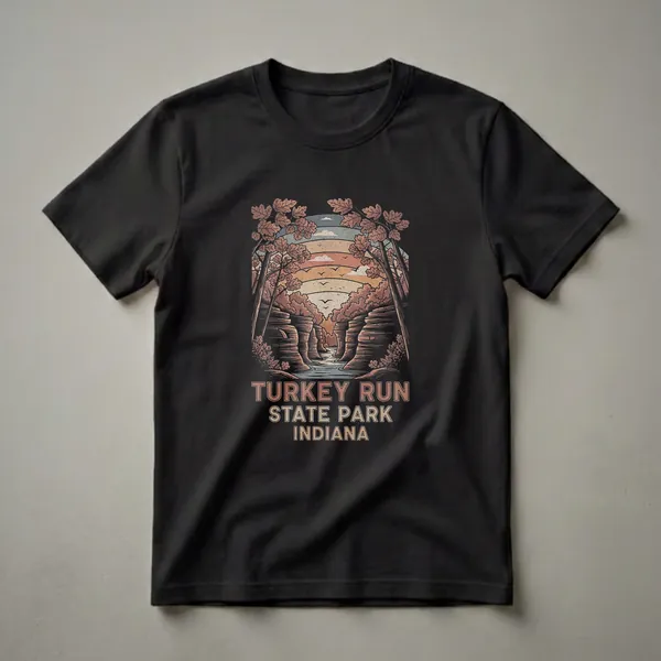 Black t-shirt with a retro illustration of Turkey Run State Park, Indiana, featuring a canyon, river, trees, and a sunset.