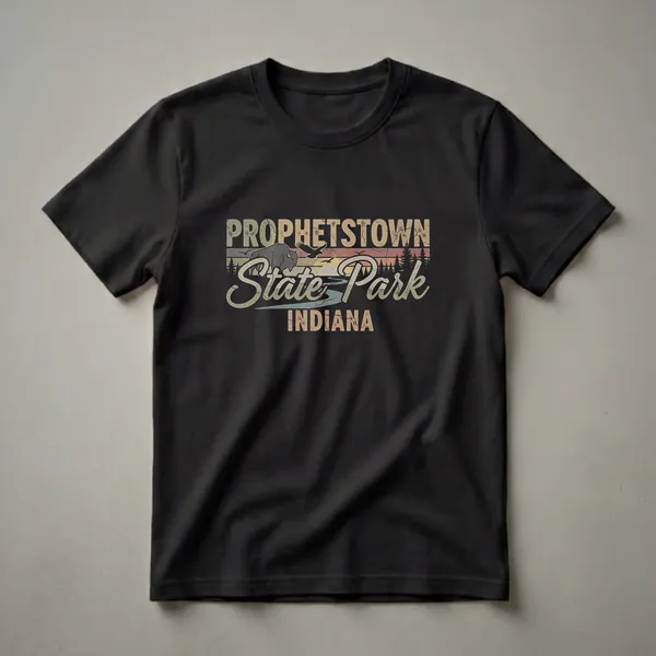 Retro graphic t-shirt featuring Prophetstown State Park, Indiana, with a bison, eagle, pine trees, and a sunset over a river.