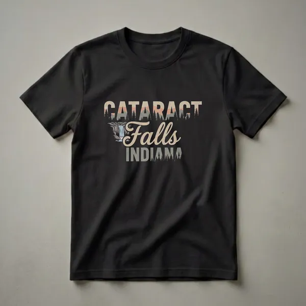 Black graphic t-shirt featuring a retro design of Cataract Falls, Indiana, with a waterfall, trees, and vintage-style text.