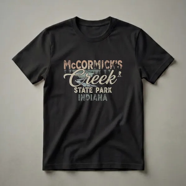 Black t-shirt with a retro graphic design for McCormick's Creek State Park, Indiana, featuring distressed text, trees, a river, and a hiker silhouette.