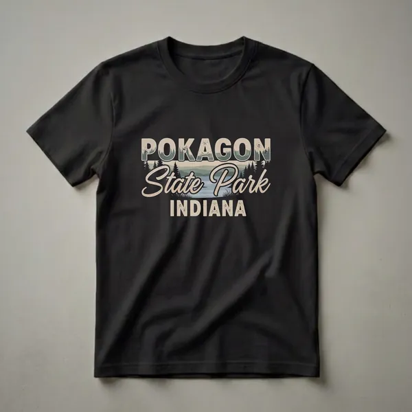 A black t-shirt featuring a retro graphic design for Pokagon State Park, Indiana, with text overlaying a scenic lake and forest landscape.