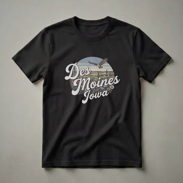 Black t-shirt featuring a circular retro graphic of Des Moines, Iowa, with a landscape of rolling hills, wildflowers, and a soaring eagle.